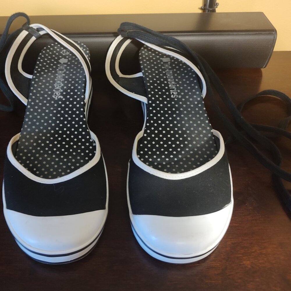 Women's Size 12 "No Boundaries" Navy Blue & White Ankle Wrap Wedge Heel